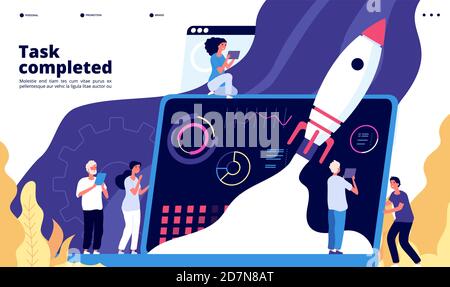 Concetto di avvio. La gente lancia il razzo della navicella spaziale, avvia il nuovo progetto. Design vettoriale della pagina Web di destinazione dell'app di avvio. Illustrazione del progetto di avvio del razzo, lancio di successo astronave Illustrazione Vettoriale