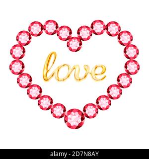 Cuore rosa di cristalli e oro iscrizione amore isolato su sfondo bianco. Cuore gemma rosa, gioielli preziosa illustrazione della forma Illustrazione Vettoriale