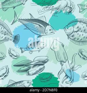Sealife motivo senza giunture con grunge elementi. Texture oceanica con pesce, conchiglia, polpo. Modello senza giunture vettoriale, animale oceanico, illustrazione del pesce selvatico marino Illustrazione Vettoriale