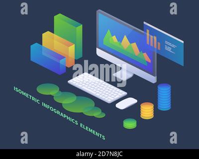 Concetto isometrico infografico aziendale. Vector 3d PC con grafici dati e diagrammi statistici. Illustrazione infografica dell'analisi isometrica aziendale Illustrazione Vettoriale