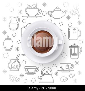 Concetto vettoriale del tempo del tè con icone realistiche della vista dall'alto e del contorno. Illustrazione della tazza di bevanda con il tè nero Illustrazione Vettoriale