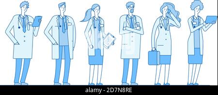 Gruppo di medici. Medico medicina lavoratori persone chirurgo infermiere farmacista in piedi gruppo lineare piano sanitario ospedale vettore concetto. Illustrazione di chirurgo e farmacista, professione medica Illustrazione Vettoriale