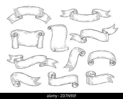 Nastri disegnati a mano. Nastro per striscioni di schizzo inciso vecchie etichette elementi vettoriali di design vintage isolati. Illustrazione incisione dello schizzo, striscia a nastro, scorrimento della grunge per striscioni Illustrazione Vettoriale