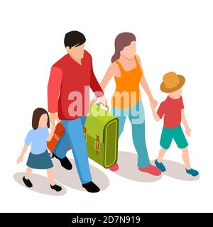 Famiglia vettoriale con due bambini che viaggiano con illustrazione isometrica. Viaggio di famiglia insieme, madre e padre con i bambini Illustrazione Vettoriale