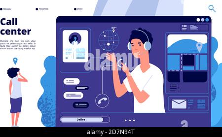 Concetto di supporto online. I clienti del call center chiacchierano con l'operatore, il consulente aiuta il cliente. landing page vettoriale di assistenza 24x7. Illustrazione del supporto operatore, chat di aiuto per il cliente Illustrazione Vettoriale