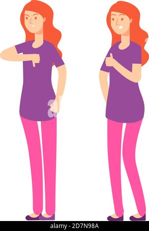 Come il carattere dissimile. Felice una donna arrabbiata con gesti come e non piace social media e business decision vector concetto. La ragazza mostra come e dissimile illustrazione di simbolo Illustrazione Vettoriale