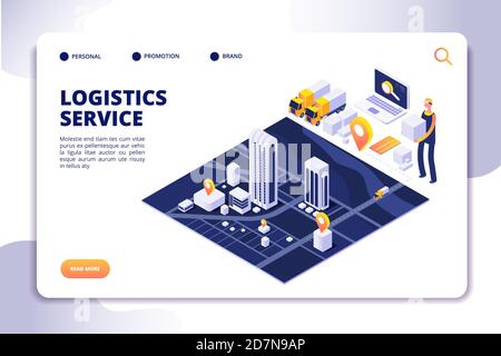 Distribuzione e logistica concetto isometrico. Servizio di assicurazione globale di sorpping. Landing page del vettore commerciale internazionale. Esportazione di illustrazioni isometriche, cargo e logistiche Illustrazione Vettoriale