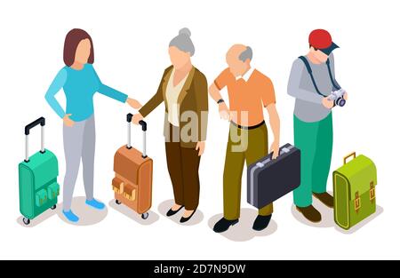 Gruppo di turisti, turisti anziani e giovani isometrici con illustrazione vettoriale valigie. Turista con valigia, viaggio e viaggio Illustrazione Vettoriale