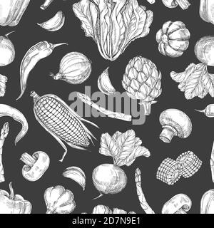 Verdure disegnate a mano vintage motivo senza cuciture sfondo. Disegno vegetariano del cibo, asparagi freschi e illustrazione del cavolo Illustrazione Vettoriale