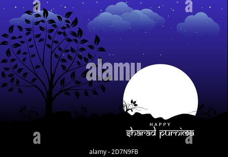 Illustrazione vettoriale di Sharad Purnima che è un festival di raccolta celebrato il giorno della luna piena. Luna piena di notte. Illustrazione Vettoriale
