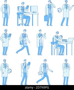 Personaggi del medico. Medicina persone medici dentista salute manager vettoriale linea piatta cartoon set di caratteri. Terapeuta e dentista, medico specialista e responsabile operaio in illustrazione ospedaliera Illustrazione Vettoriale