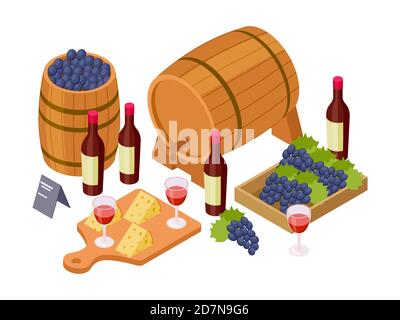 Concetto di degustazione di vini. Vino isometrico, botti di legno, bicchieri, uva. Illustrazione del vino vettoriale. Vino, barile e bottiglia, degustazione di alcol a base di uva Illustrazione Vettoriale