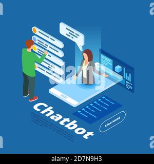 Illustrazione del vettore chatbot. Concetto di assistente online isometrico. ISometric bot online, mobile chatbot supporto chattare Illustrazione Vettoriale