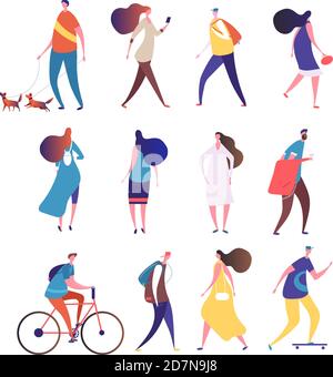 Persone che camminano. Le persone del cartone animato camminano per strada. Uomini e donne affollano vettore isolato collezione. Uomo e donna vanno in strada, a piedi e in bicicletta illustrazione Illustrazione Vettoriale