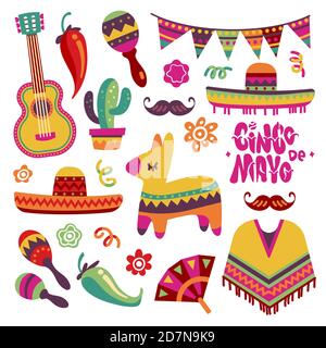 Set fiesta Messicano. Cinco de mayo party elementi sombrero, pinata e peperoncino, chitarra vettoriale collezione. Festa messicana e sombrero del messico, fiesta e cinco de mayo illustrazione Illustrazione Vettoriale