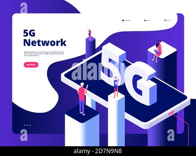 concetto 5g. Smartphone broadband 5g tecnologia internet banda larga quinto hotspot wi-fi vettore di telecomunicazioni di rete globale. telecomunicazioni isometriche 5g, illustrazione internet di quinta generazione Illustrazione Vettoriale