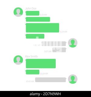 Modello app chat. Illustrazione vettoriale del servizio messaggi brevi con bolle di testo. Messaggio bolla vocale per la comunicazione, SMS verde stile mobile Illustrazione Vettoriale