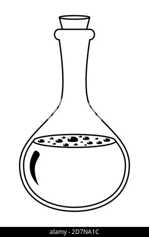 Pozione magica forma del contorno .Elixir in bottiglia di vetro linea vettoriale arte isolato su bianco. Illustrazione del pallone con sostanza chimica. Medicina Illustrazione Vettoriale