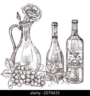 Decanter di vino disegnato a mano con rose, bottiglie di vino, illustrazione del vettore d'uva. Bottiglia di vino e ramificazione di uva isolati Illustrazione Vettoriale