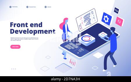 Sviluppo front-end. Programmer sviluppare l'interfaccia di Web site del computer la pagina del vettore di destinazione di progettazione grafica di front-end. Illustrazione del programmatore isometrico di sviluppo front-end Illustrazione Vettoriale