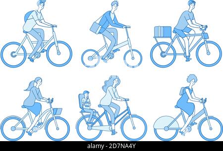 Set di ciclista. Persone attive in bicicletta, persone adulte in bicicletta in casco. Caratteri vettoriali di linea isolati. Illustrazione di persone ciclista, relax e trasporto sportivo Illustrazione Vettoriale