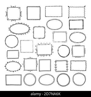 Disegnare i fotogrammi dell'immagine. Doodle margini quadrati linee di schizzo Foto disegnata a mano vuota cornice vintage cartoon vettore set. Immagine di un doodle con cornice fotografica, abbozzare un disegno Illustrazione Vettoriale