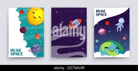 Vettore di volantini spaziali. Pianeti cartoni animati, universo, modello di banner galassia. Sole carino, astronauta, terra, pianeti del sistema solare, brochure cielo stellato. Astronauta spazio, astronomia galassia scienza illustrazione Illustrazione Vettoriale
