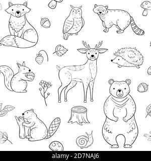 Gli animali del bosco seamless pattern. La volpe, l'orso, raccoon, OWL,  coniglio, Firebug e riccio su sfondo bianco. Vettore sfondo per bambini  Immagine e Vettoriale - Alamy