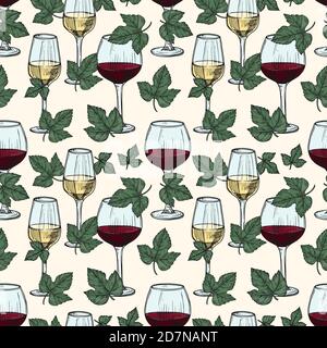 Vector vino bianco e rosso, foglie di vite senza cuciture modello. Illustrazione dello sfondo del motivo dell'uva da vino Illustrazione Vettoriale