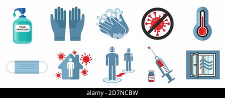 Set di precauzioni di sicurezza e segnali di avvertenza sars-cv2 covid-19. Set di icone del virus corona. Illustrazione Vettoriale