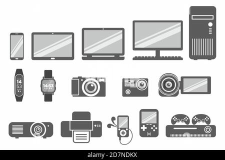 Prodotti tecnologici pacchetto visivo a icone piatte. Illustrazione moderna in tonalità di grigio. Illustrazione Vettoriale