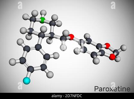 Paroxetina, antidepressivo, inibitore selettivo della ricaptazione della serotonina SSRI, molecola. È usato nella terapia della depressione, dei disordini di ansia. Molecul Foto Stock