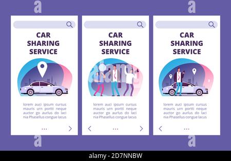 Modello vettoriale delle pagine dell'app mobile del servizio di condivisione auto. Illustrazione del servizio app auto, pagina web per noleggio auto, condivisione auto Illustrazione Vettoriale