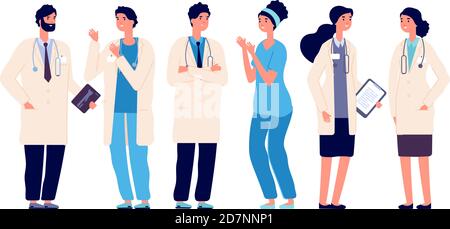Team di medici. Personale medico infermiera terapeuta chirurgo operatori ospedalieri professionali, gruppo di medici, cartoni animati caratteri vettoriali. Illustrazione del terapeuta medico e del team medico Illustrazione Vettoriale
