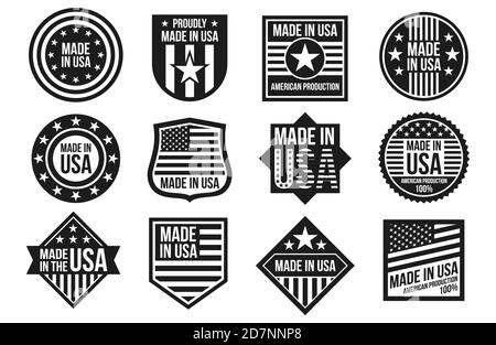 Nero e bianco made in USA badge, striscioni ed etichette vettoriali isolati su sfondo bianco. Badge USA, illustrazione dell'industria di produzione americana Illustrazione Vettoriale