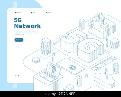 pagina di destinazione 5g. Tecnologia di trasmissione WiFi 5g, Internet ad alta velocità nel dispositivo. Concetto vettoriale isometrico di telecomunicazione di rete globale. Illustrazione della rete di quinta generazione, connessione rapida Illustrazione Vettoriale