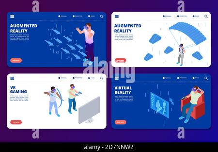 Giochi in realtà virtuale isometrica, modelli di landing page vettoriali per realtà aumentata. Illustrazione del gioco di realtà virtuale, vr isometrica aumentata Illustrazione Vettoriale