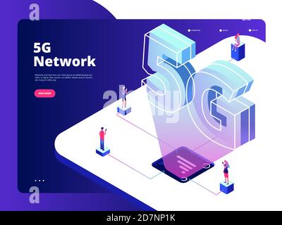 Rete 5g. Trasmissione dati wireless tecnologia 5g velocità Internet banda larga cinque hotspot rete globale wifi landing vector page. rete 5g internet, illustrazione dati digitali Illustrazione Vettoriale