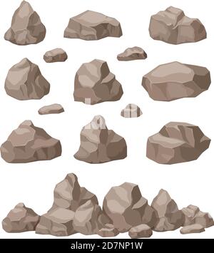 Pietre di roccia. Set isometrico Cartoon Stone. Massi di granito palo, materiali da costruzione naturali di blocco. vettore isolato 3d game art. Illustrazione pila di massi, blocco minerale di montagna Illustrazione Vettoriale