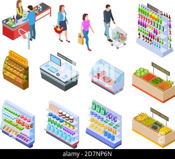 Deposito isometrico persone. Acquisto di prodotti alimentari mercato clienti supermercato prodotti, persone in negozio acquisto cibo 3d vettoriale oggetti. Illustrazione del supermercato e della drogheria, del frigorifero e della cassa Illustrazione Vettoriale