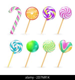 Lollipop realistico candies vettore isolato su sfondo bianco. Illustrazione dello zucchero di lollipop, caramella sul bastone Illustrazione Vettoriale