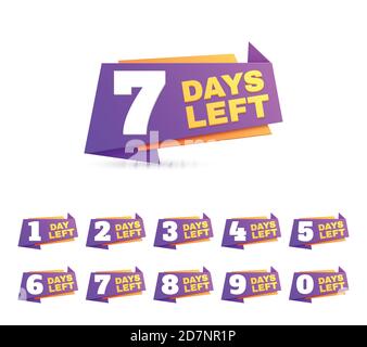 Giorni rimanenti. Conto alla rovescia dei numeri da giorno a giorno. Offrire vendita business segno vettore set. Numero conto alla rovescia giorni rimanenti illustrazione Illustrazione Vettoriale
