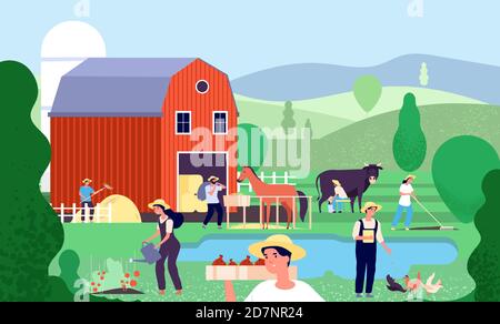 Fattoria cartoon con agricoltori. I lavoratori agricoli lavorano con animali da fattoria e attrezzature in ambiente rurale agricoltura vettore illustrazione paesaggio con laghetto e fienile Illustrazione Vettoriale