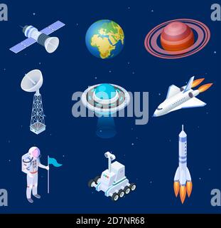 Navicelle isometriche. Astronauta astronauta spaziale spaziale spaziale satellitare telescopio spaziale globo. Set vettoriale isolato 3d per missili spaziali. Illustrazione del satellite del razzo e della navicella spaziale nell'universo Illustrazione Vettoriale