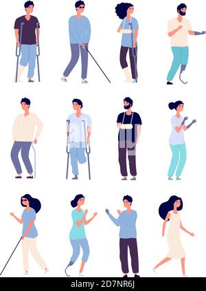 Persone disabili: Persone disabili con stampelle e sedie a rotelle hanno isolato i caratteri vettoriali per i concetti di disabilità. Illustrazione del carattere disabilitato non valido, invalidità e assistenza sanitaria Illustrazione Vettoriale