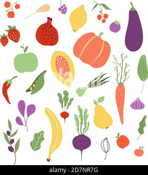 Frutta di verdura. Frutta cibo vegetale sano logo pasto vegetale clipart isolato set. Vettore zucca e limone, piselli e banana, barbabietola e carota illustrazione Illustrazione Vettoriale