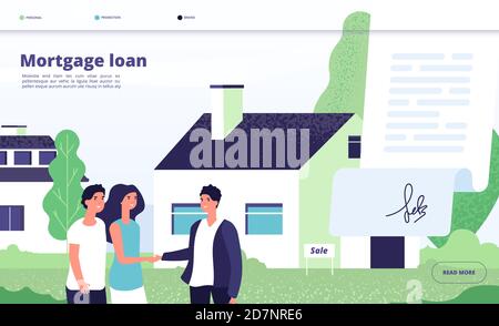 Mutuo ipotecario. La gente mutuatario compra la proprietà domestica con accreditamento della banca. Giovane coppia con broker, proprietario di una casa privata. Vettore landing page ipoteca proprietà, illustrazione della casa di credito Illustrazione Vettoriale