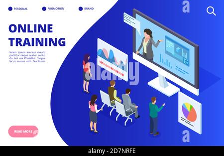Video di formazione isometrica online, illustrazione vettoriale del webinar. Banner di formazione online, concetto di landing page. Webinar e formazione online Illustrazione Vettoriale