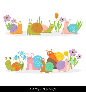 Gruppo di lumache di carattere cartoon con fiori. Coclea creatura vettoriale in erba e fiori luminosi illustrazione Illustrazione Vettoriale