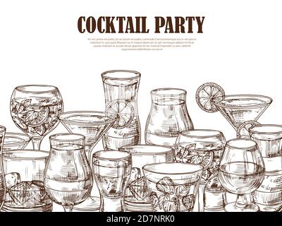 Vector bevande alcoliche disegnate a mano sfondo senza cuciture. Illustrazione di banner cocktail party, schizzo di bicchiere martini drink e bevande Illustrazione Vettoriale